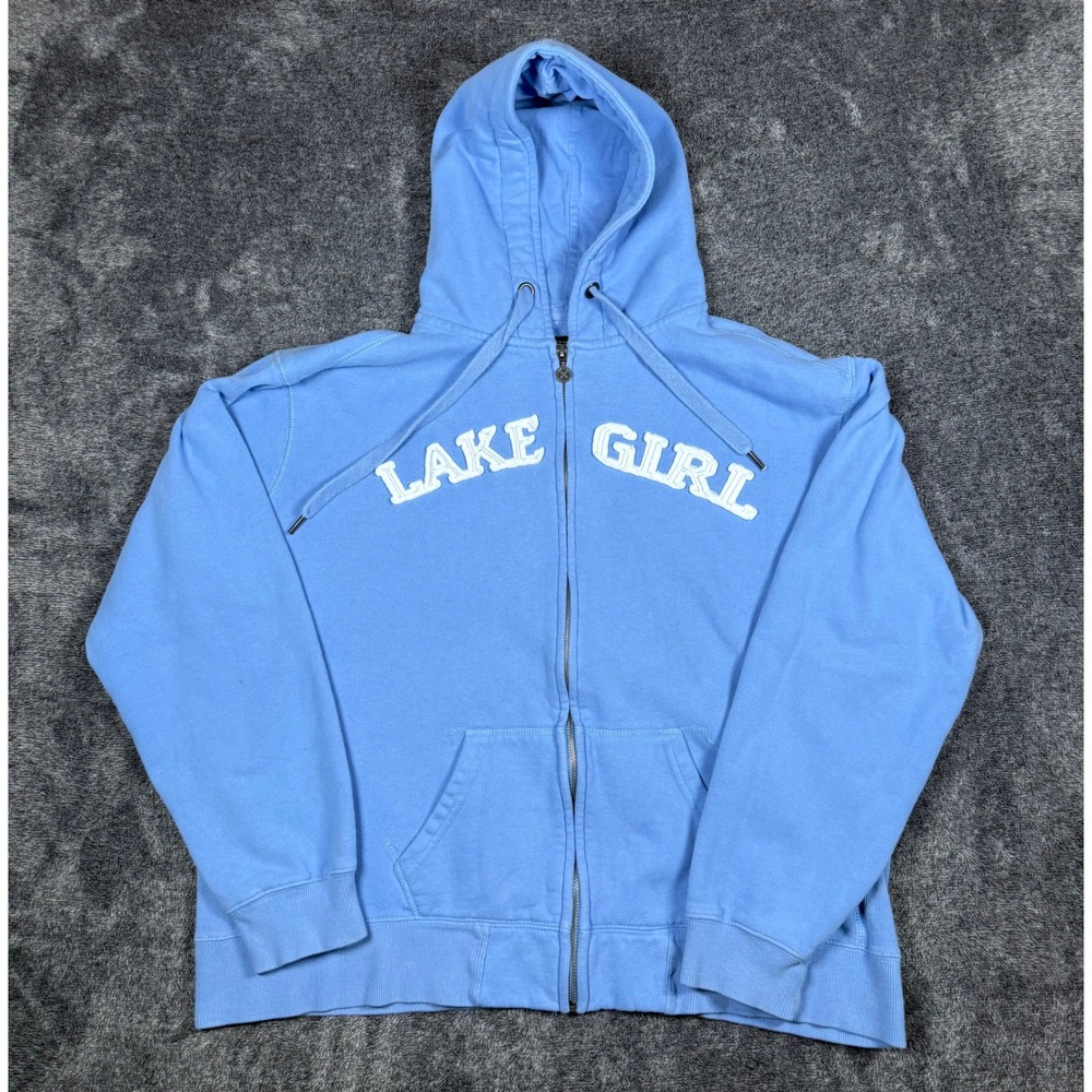 Lakegirl Womens XL Full Zip Hoodie Blue Spellout Sweatshirt Cotton Blend Casual